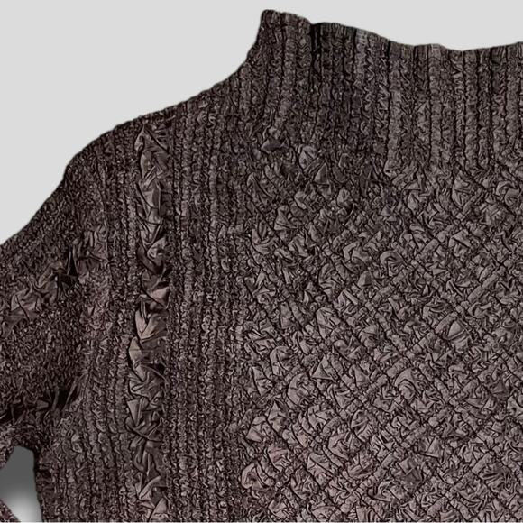 WONY MOCK TURTLENECK Y2K VINTAGE POPCORN CABLEKNIT PATTERN STRETCH SHIRT BROWN S - Picture 4 of 6